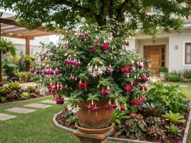 Flores brinco de princesa em vaso decorando jardim residencial