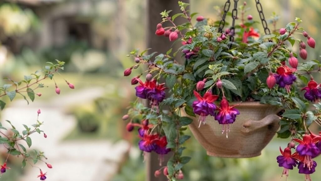 Flores brinco de princesa duplas em vaso suspenso em jardim de meia sombra