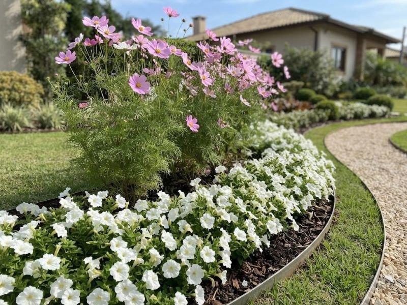 Cosmos rosas com folhagem delicada atrás de uma bordadura de petúnias brancas em canteiro curvo.