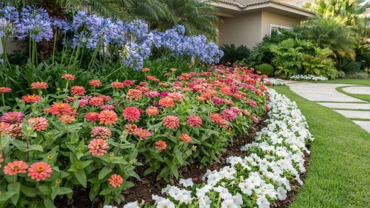 Flores para canteiro de jardim com zínias rosas, petúnias brancas e agapantos azuis em grupos.