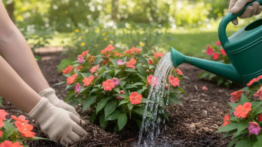 rega de sunpatiens em canteiro com solo úmido durante manutenção no jardim