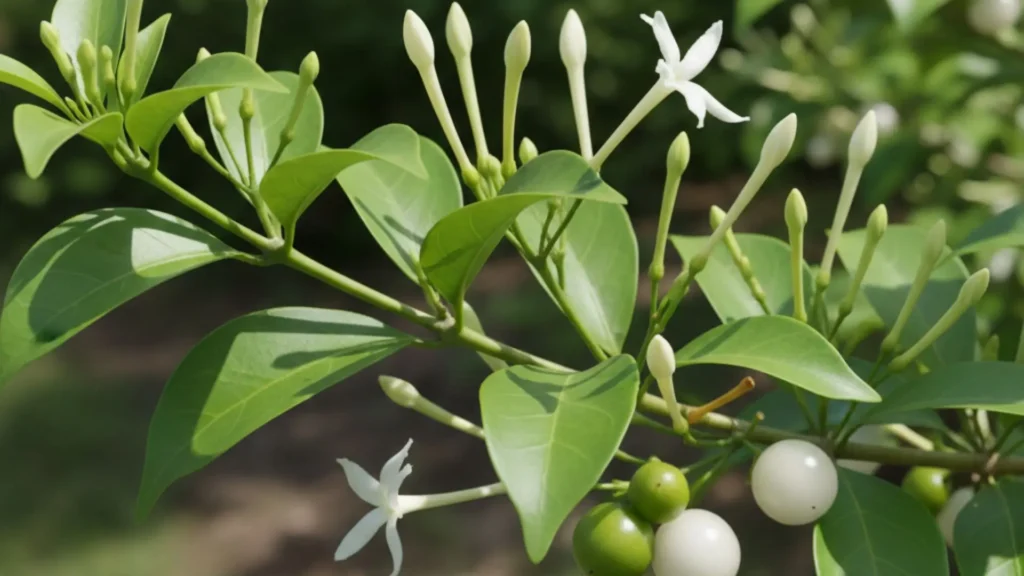 Galho de Dama da Noite com botões fechados, flores brancas abertas e frutos verdes e brancos em diferentes estágios de desenvolvimento.