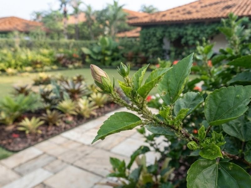Brotação de hibisco com pequenos pulgões concentrados nos ramos jovens e próximos aos botões florais.