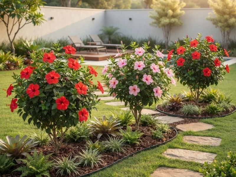 Arbustos de hibisco vermelho e rosa distribuídos em canteiros de jardim residencial com gramado e caminho de pedras.