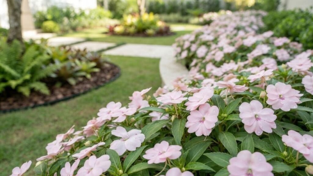 Impatiens hawkeri rosa claro em canteiro curvo de meia sombra