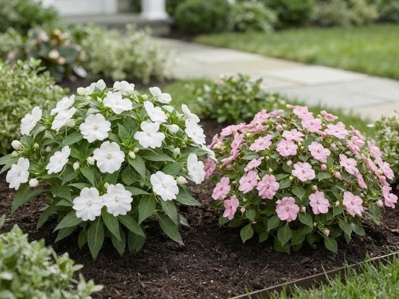 Impatiens hawkeri branca e flor beijinho rosa lado a lado