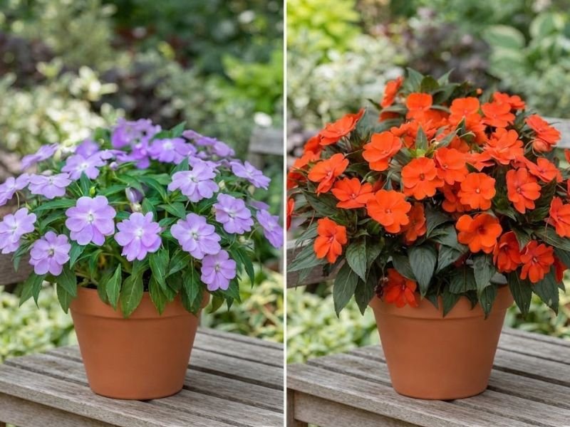 Comparação entre Impatiens hawkeri lilás e SunPatiens alaranjada