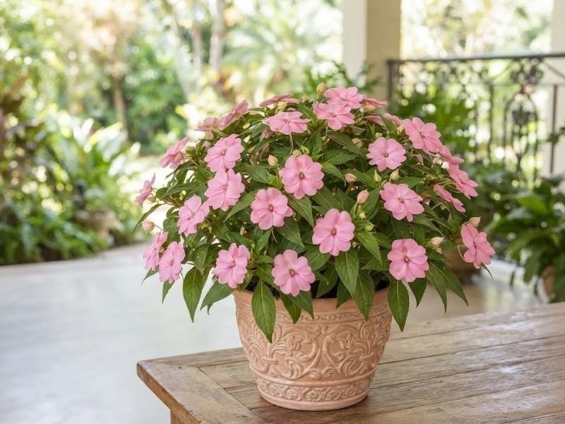 Impatiens hawkeri rosa cultivada em vaso ornamental na varanda
