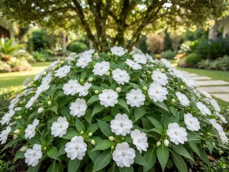 Impatiens hawkeri rosa cultivada em canteiro de meia sombra
