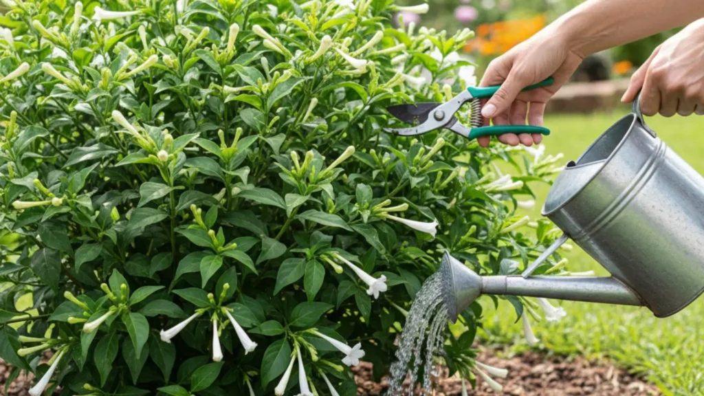 Pessoa regando e realizando poda leve em uma planta de Dama da Noite (Cestrum nocturnum) com flores ainda fechadas durante o dia.