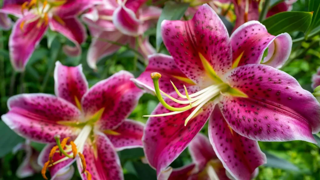 Lírios perfumados em tons de rosa intenso e branco florescendo no jardim, simbolizando elegância, perfume e harmonia natural.