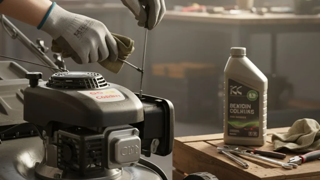 Pessoa realizando manutenção em cortador de grama com motor quatro tempos, limpando vareta de óleo e verificando lubrificação do motor.