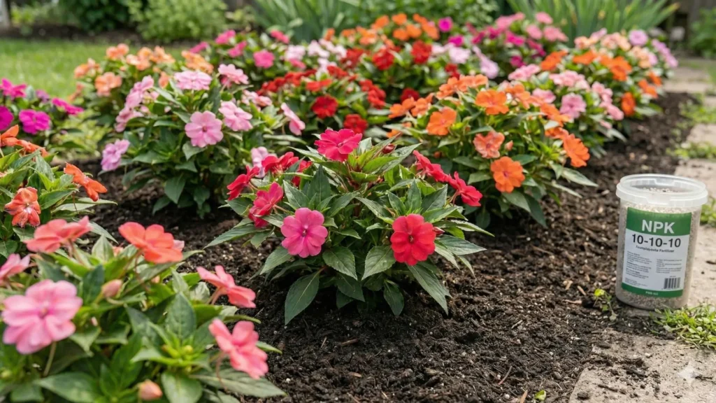 Canteiro de SunPatiens coloridas bem espaçadas, mostrando o desenvolvimento saudável das plantas em solo fértil.