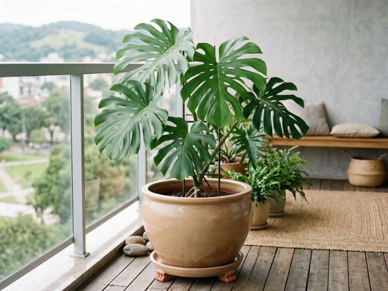 Costela-de-adão cultivada em vaso largo com tutor de apoio