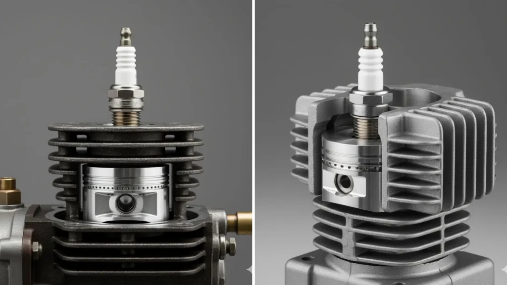 motor 2 tempos em detalhe com pistão e vela de ignição