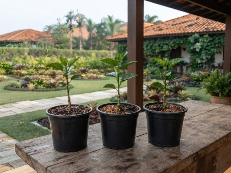 Três mudas de hibisco produzidas por estaquia em vasos individuais sobre bancada de madeira.