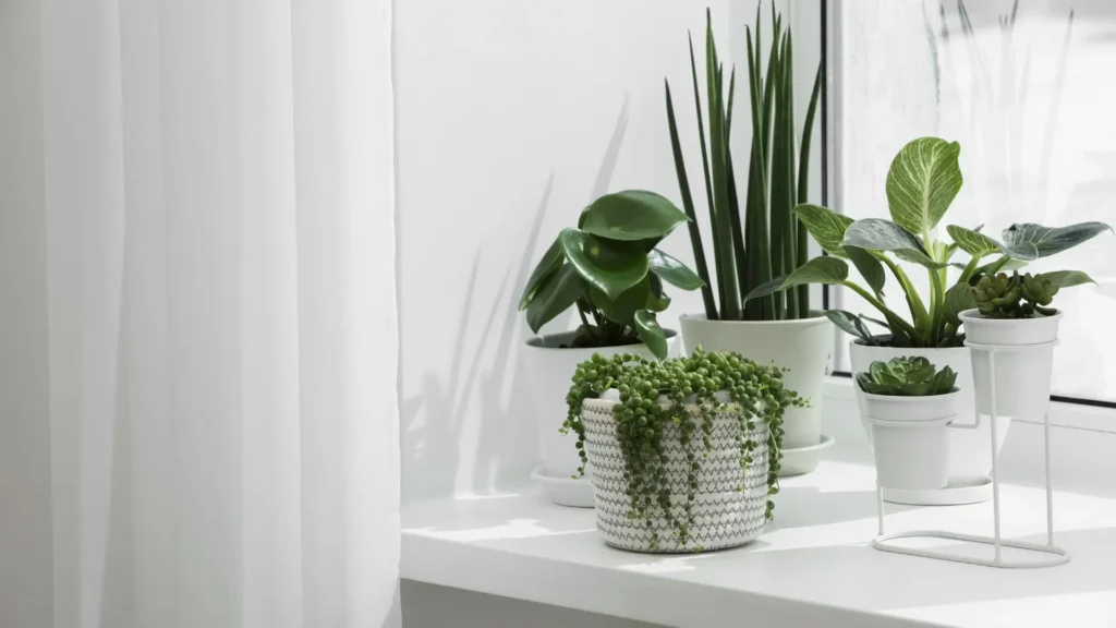 lança de São Jorge posicionada perto da janela ao lado de outras plantas em ambiente interno com luz filtrada
