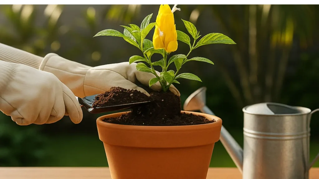 plantio da muda de camarão amarelo em vaso de barro com substrato fértil
