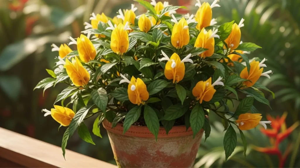 planta camarão amarelo em vaso florindo sob a luz do sol
