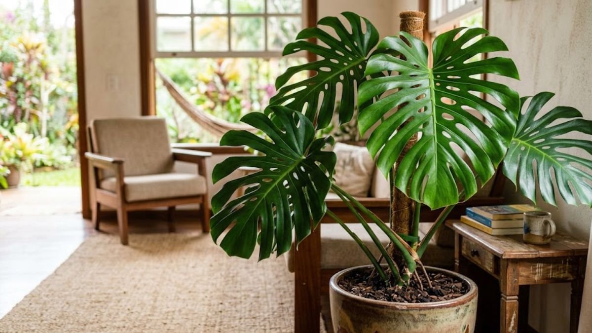 Planta costela-de-adão adulta em vaso decorando uma sala iluminada