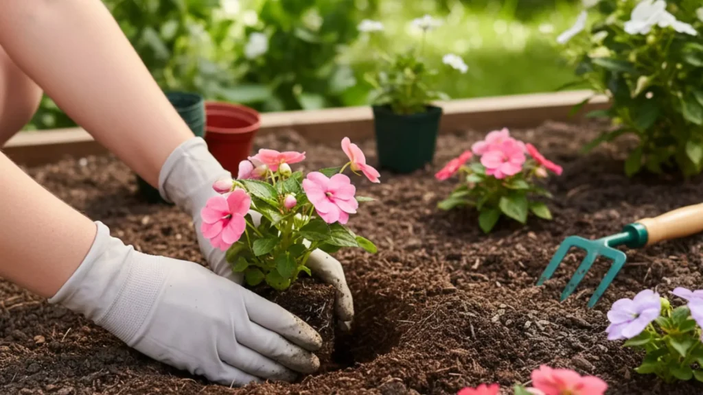 Pessoa com luvas de jardinagem planta muda de empatiens em canteiro preparado, cercado por flores coloridas.