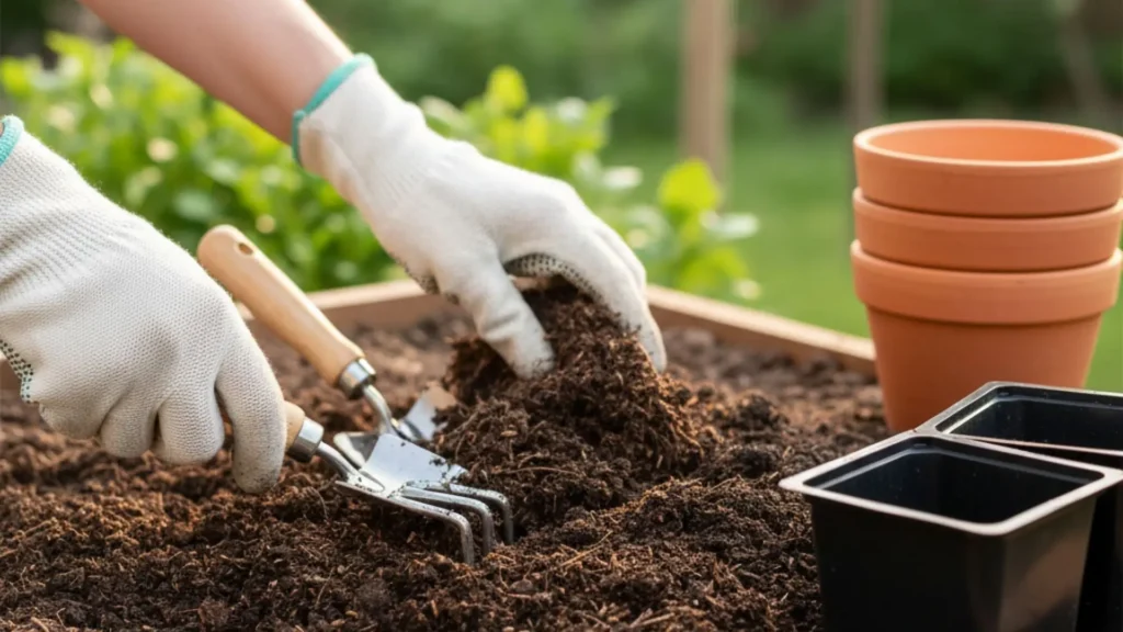 Jardineiro com luvas prepara o solo solto de um canteiro elevado ao lado de vasos, com ferramentas de jardinagem ao redor.