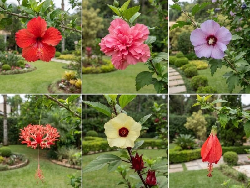 Comparação entre hibisco tropical, dobrado, hibisco da Síria, crespo, hibisco para chá e hibisco colibri.
