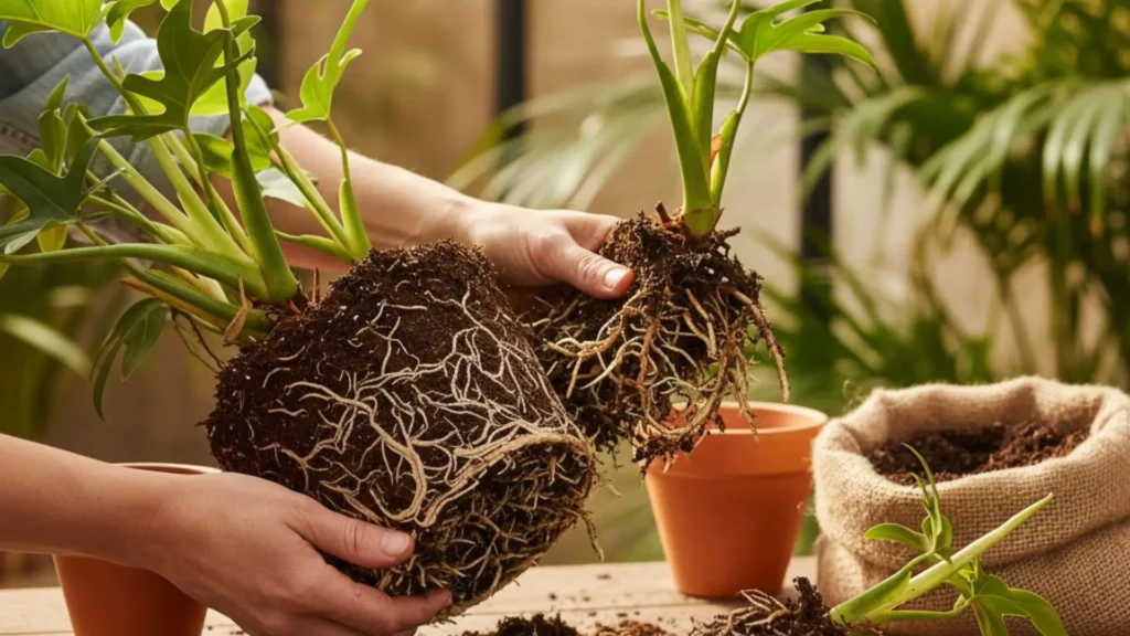 Mudas de planta Xanadu sendo separadas com o sistema radicular exposto antes do replantio.