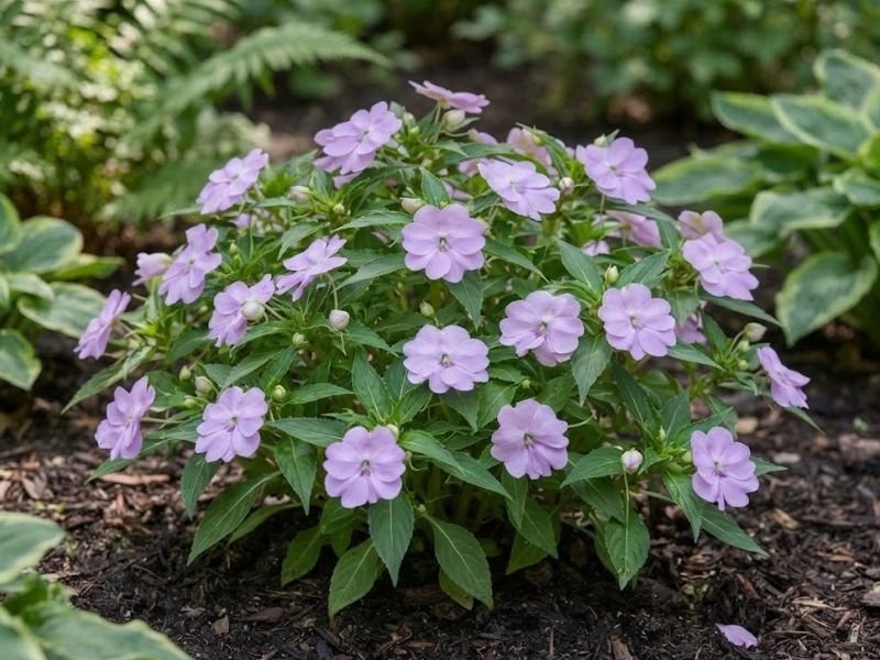 Impatiens hawkeri lilás adulta e florida em canteiro