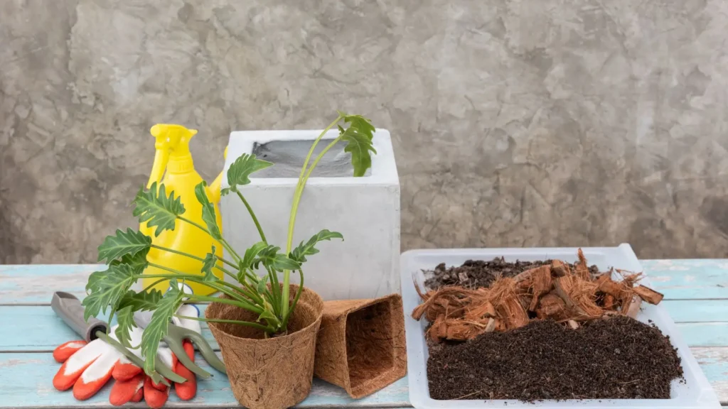 muda de planta xanadu ao lado de ferramentas de jardinagem, vaso vazio e mistura de solo e substratos sobre mesa