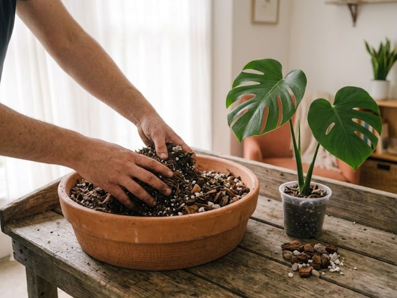 Mãos preparando substrato solto para plantar costela-de-adão