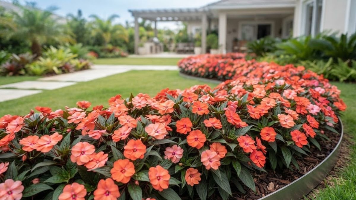 SunPatiens coral e alaranjada em canteiro curvo de jardim residencial