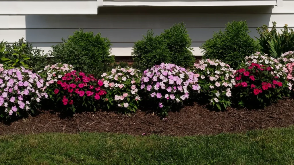 canteiro de sunpatiens coloridas recebendo sol direto no jardim