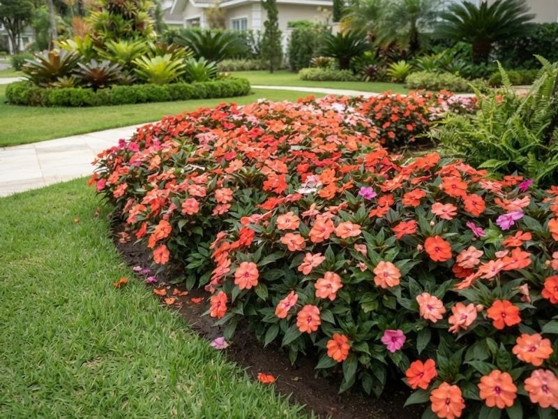 Canteiro amplo de SunPatiens coral e alaranjada no jardim