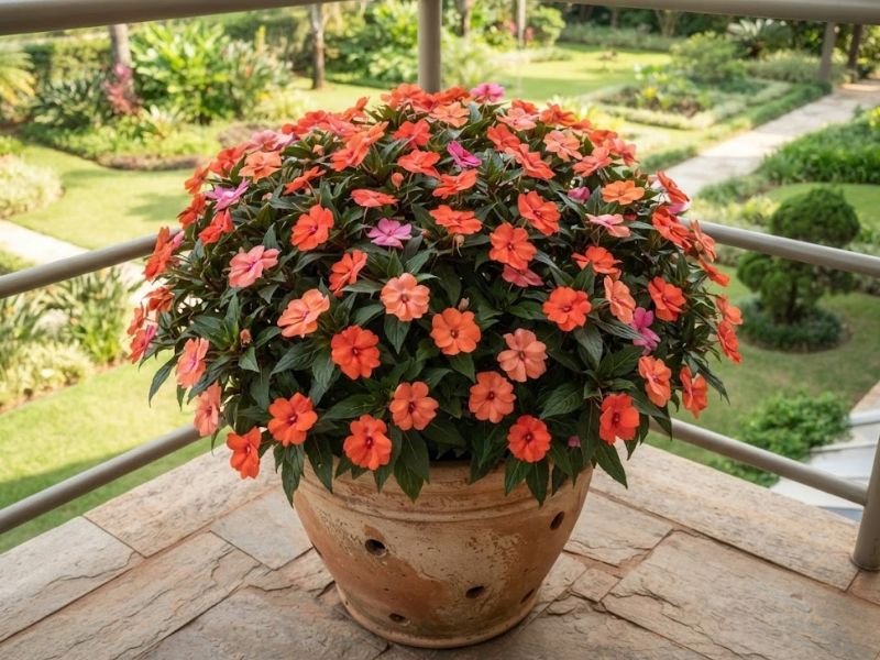 SunPatiens coral e alaranjada cultivada em vaso grande na varanda