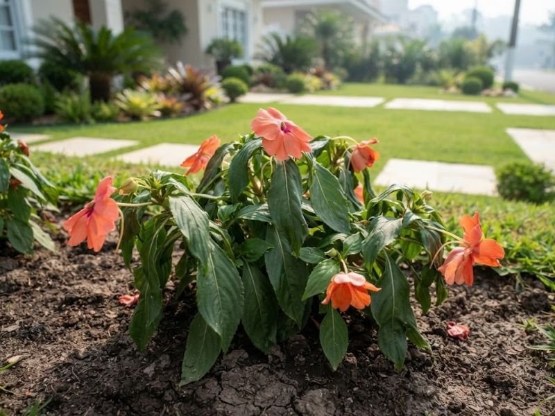 SunPatiens murcha em canteiro durante período de calor