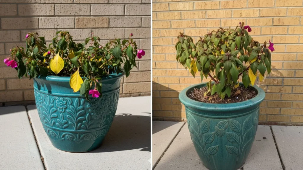 sunpatiens murchando em vaso sob sol forte, com folhas caídas e amareladas por estresse de calor