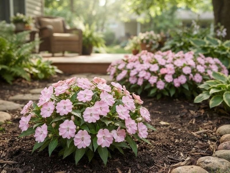 Impatiens hawkeri rosa florida decorando jardim residencial