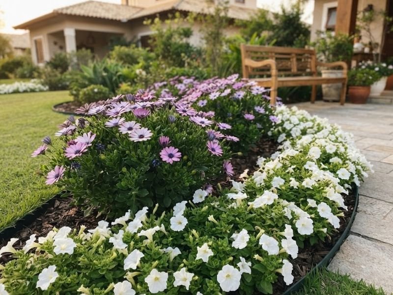 Petúnias brancas e margaridas do cabo lilases em canteiro curvo próximo a um banco de madeira.