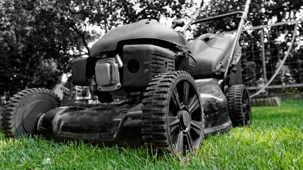 cortador de grama a gasolina com tração sobre gramado recém-aparado visto de perto