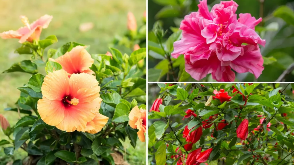 Três variedades da flor de hibisco: hibisco dobrado rosa, hibisco colibri vermelho e hibisco anão alaranjado com pétalas delicadas.