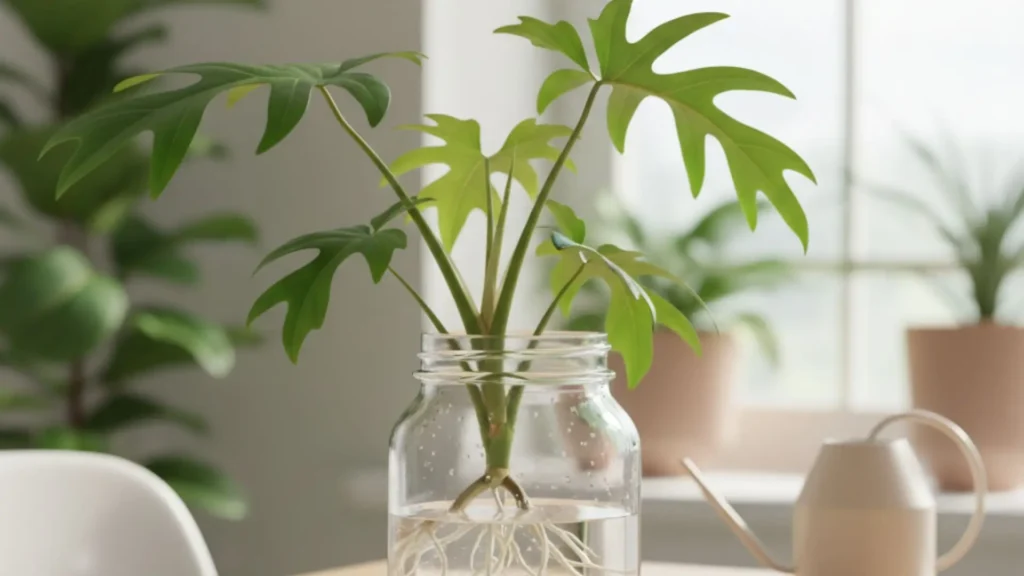 Folhas verdes de uma muda de Xanadu enraizando em um frasco transparente com água, mostrando raízes brancas em desenvolvimento.