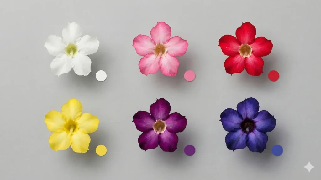 Comparação de cores naturais do adenium obesum mostrando os limites genéticos da rosa do deserto azul