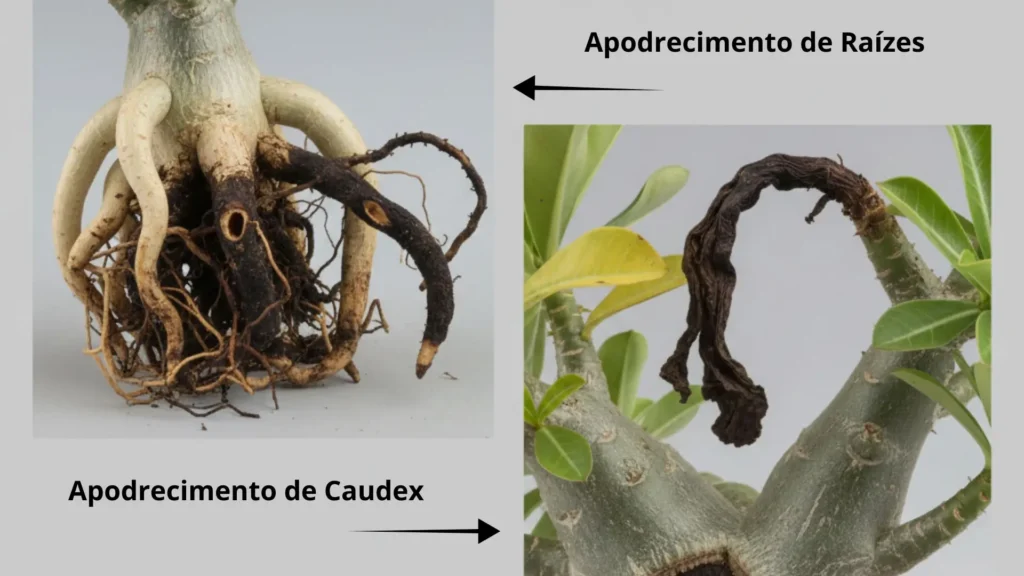 Apodrecimento de raízes e caudex da rosa do deserto causado por excesso de umidade e falhas no cultivo
