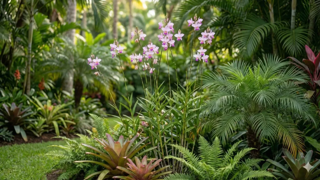 Orquídea bambu (Arundina graminifolia) cultivada em jardim tropical com floração rosada e paisagismo ornamental