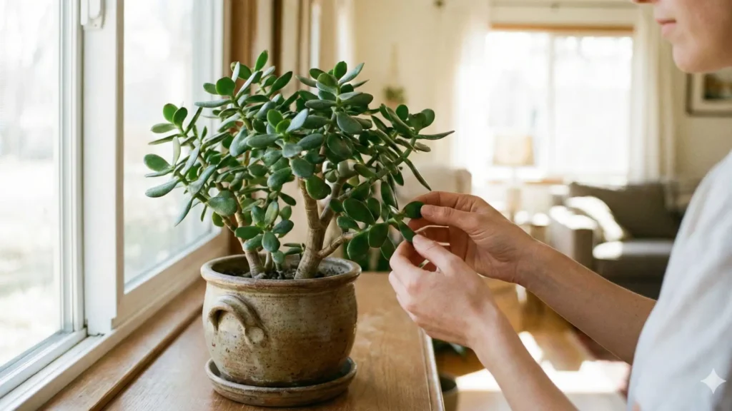 Pessoa cuidando de suculenta jade em vaso de cerâmica posicionada próxima à janela com luz natural