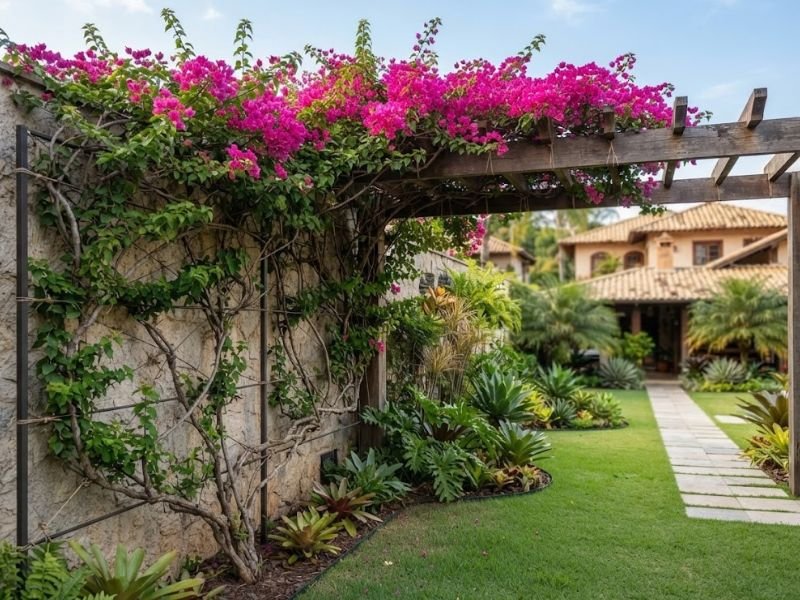 Bougainvillea conduzida por suporte junto ao muro e pergolado