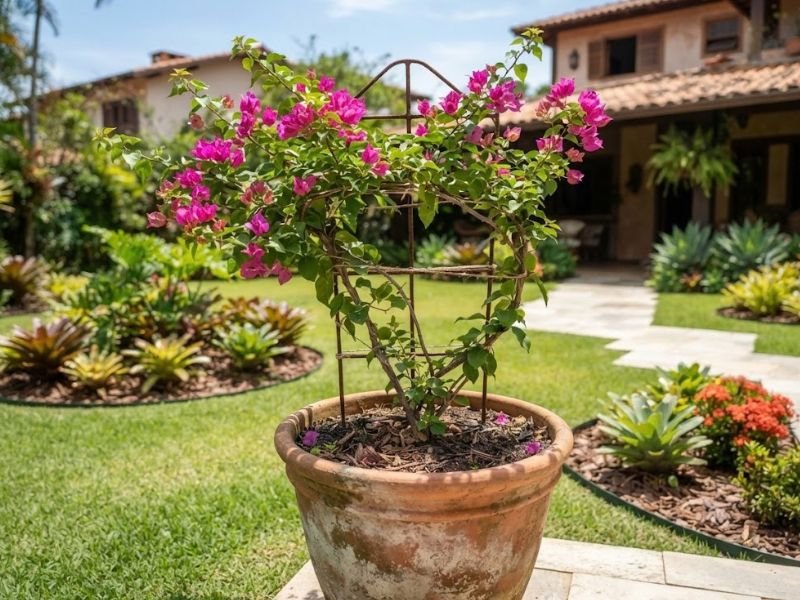 Bougainvillea florida cultivada em vaso grande com pequena treliça