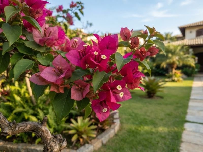 Bougainvillea com brácteas magenta, folhas verdes e pequenas flores verdadeiras
