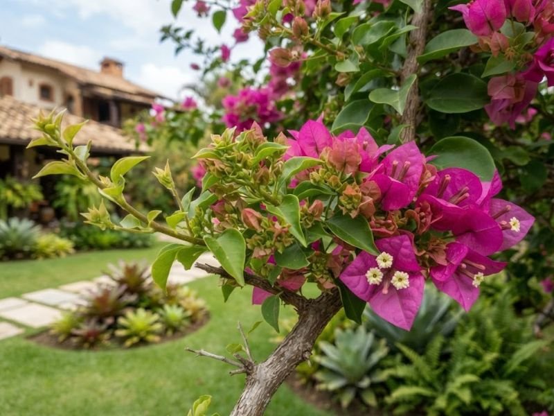 Folhas, brotações e brácteas em diferentes estágios na Bougainvillea